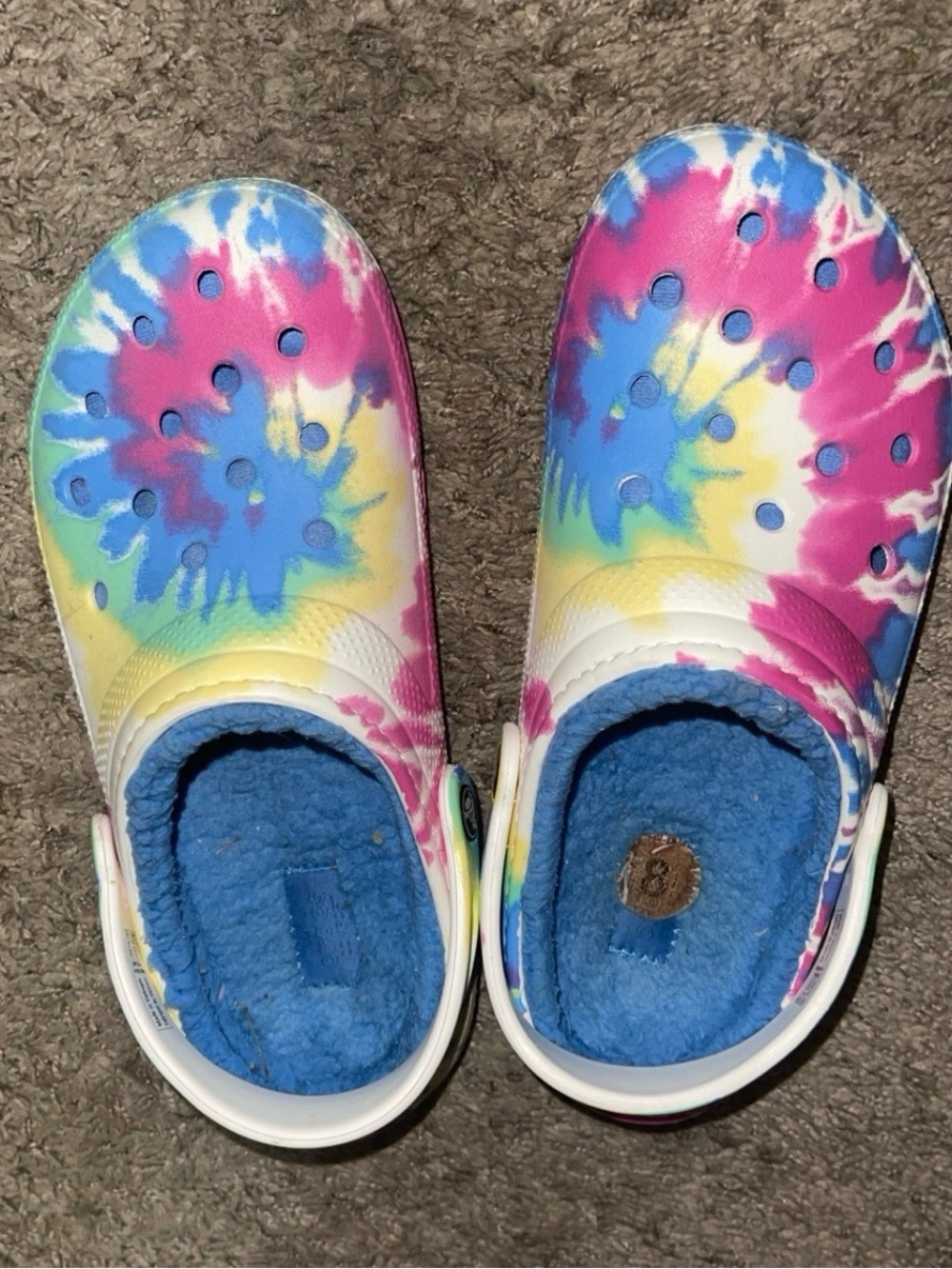 Tie-dye lined Crocs clogs